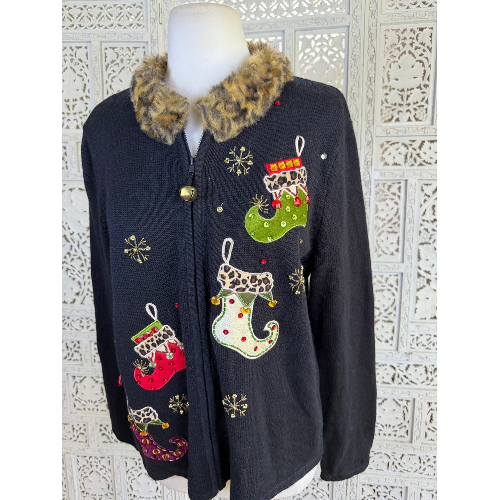 Vtg Tiara International Christmas Holiday Cardigan Sz Large Faux Fur Cheetah - Picture 3 of 8